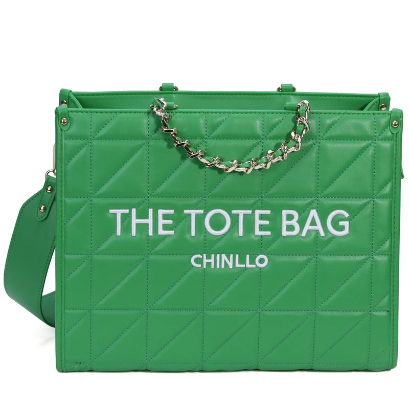 Chinllo Tote Bag for Women Quilted Chains Satchel Purse and Handbags with Shoulder Strap (E.Green-M) - Image 1