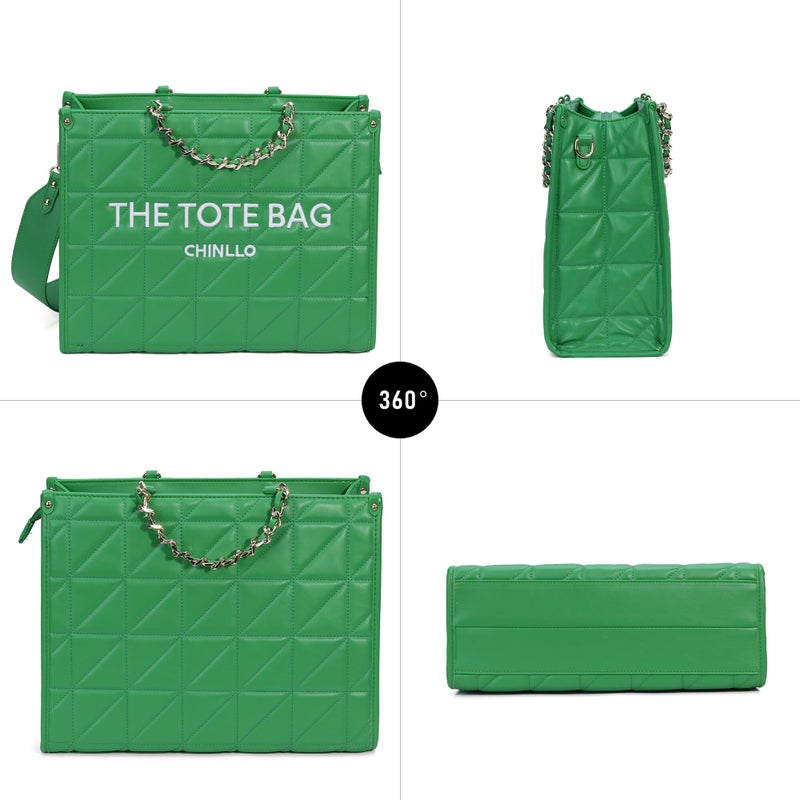 Chinllo Tote Bag for Women Quilted Chains Satchel Purse and Handbags with Shoulder Strap (E.Green-M) - Image 5