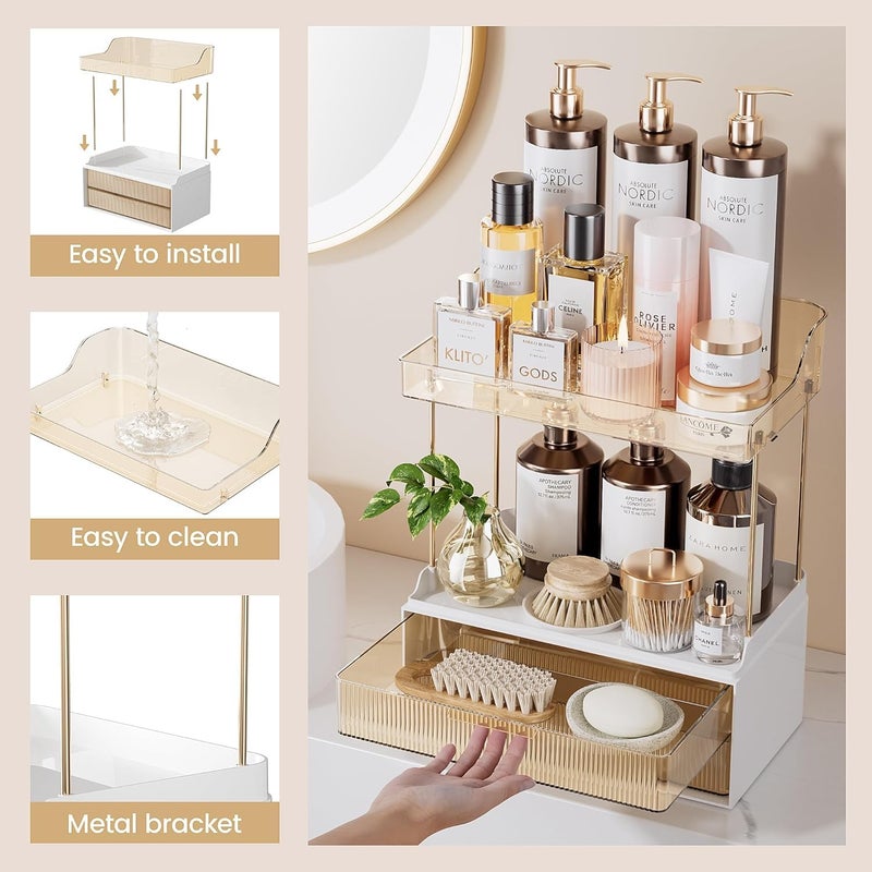 Dravina 4-Tier Makeup Organizer Storage Box | Vanity Tray for Cosmetics, Skincare Organizers, Stationery & Countertop Storage | Bathroom & Dressing Table Organizer, Ideal Gift for Women, Amber/Gold - Image 4