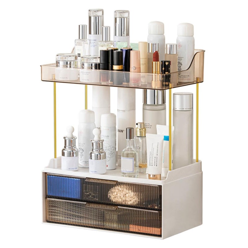 Dravina 4-Tier Makeup Organizer Storage Box | Vanity Tray for Cosmetics, Skincare Organizers, Stationery & Countertop Storage | Bathroom & Dressing Table Organizer, Ideal Gift for Women, Amber/Gold - Image 1