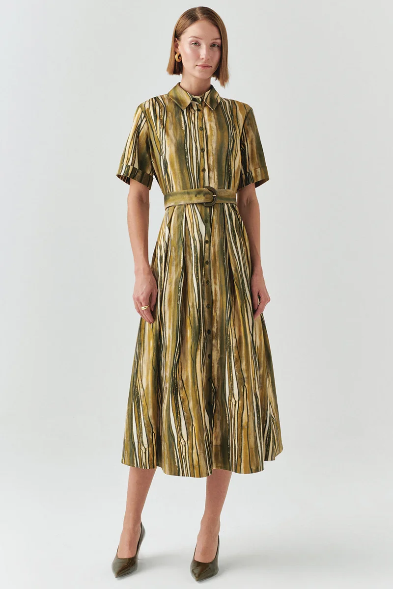 Exquise Patterned Short-Sleeve Regular Midi Dress with Belt Waist