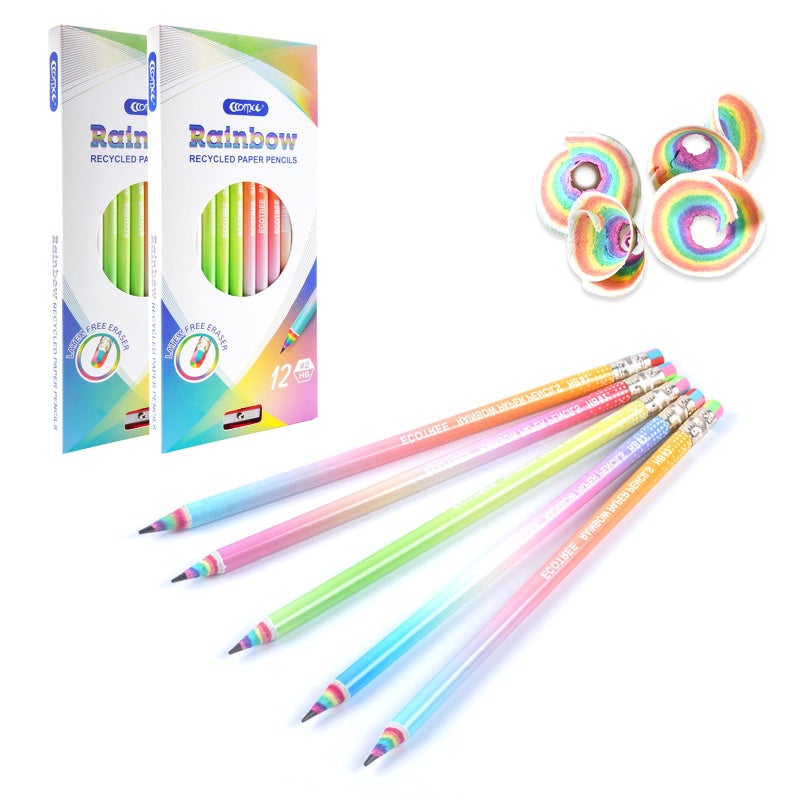 ECOTREE Pre-sharpened Pencils #2 Eco Rainbow Paper Pencil Cute Pencil for Kids Number 2 Pencils with Erasers for School, Writing, 24 Count - Image 1