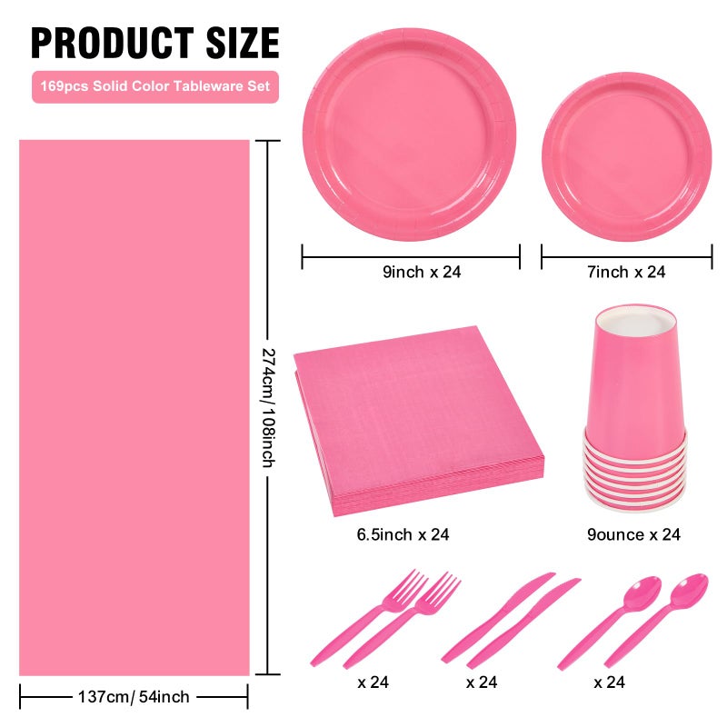 Ottin 169pcs Hot Pink Paper Plates and Napkins Party Supplies Plastic Spoons Knives Forks Cups Tablecloth Disposable Decorations for Girl or Women's Birthday Wedding Party Mother's Day - Image 1