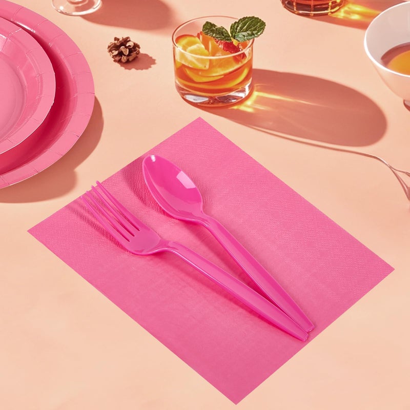 Ottin 169pcs Hot Pink Paper Plates and Napkins Party Supplies Plastic Spoons Knives Forks Cups Tablecloth Disposable Decorations for Girl or Women's Birthday Wedding Party Mother's Day - Image 3