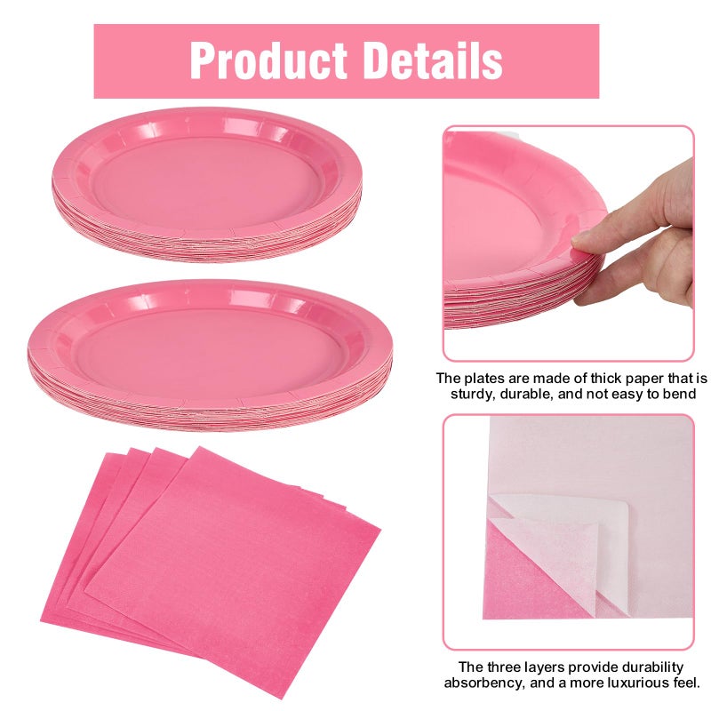 Ottin 169pcs Hot Pink Paper Plates and Napkins Party Supplies Plastic Spoons Knives Forks Cups Tablecloth Disposable Decorations for Girl or Women's Birthday Wedding Party Mother's Day - Image 2