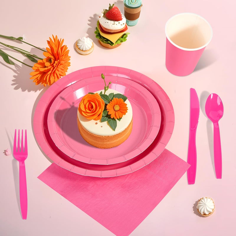 Ottin 169pcs Hot Pink Paper Plates and Napkins Party Supplies Plastic Spoons Knives Forks Cups Tablecloth Disposable Decorations for Girl or Women's Birthday Wedding Party Mother's Day - Image 4