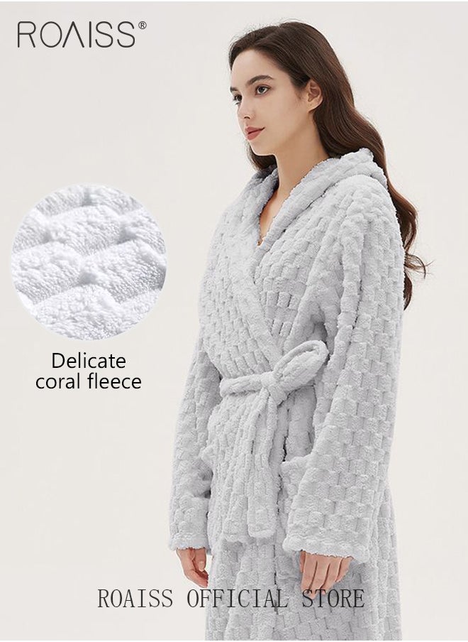roaiss Thicken Absorbent Bathrobe Unisex Cloud Pattern Coral Fleece Sleepwear Autumn Winter Ladies Lightweight Soft Non Shedding Robe with Hood  - Image 4