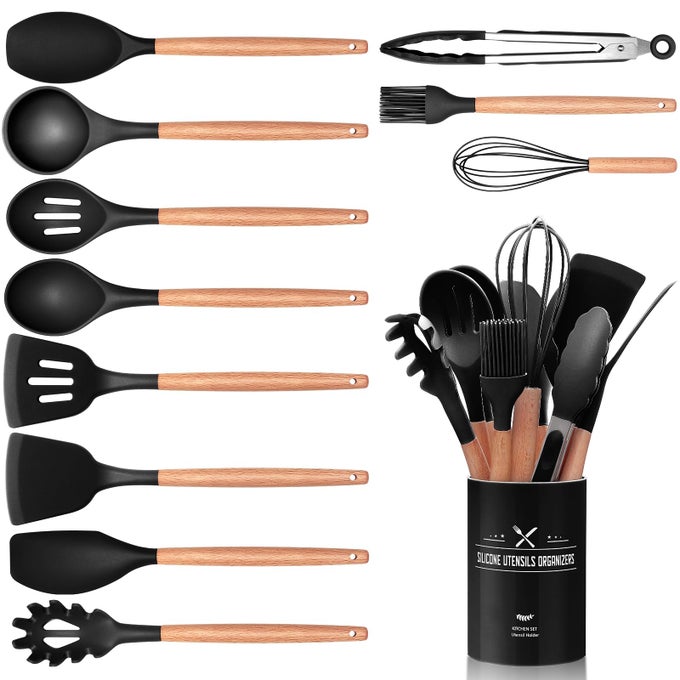12 PCS KITCHEN UTENSIL SET SILICONE COOKING UTENSILS WITH HOLDER NATURAL WOODEN HANDLE COOKWARE TONGS SPATULA SPOON SET NON STICK HEAT RESISTANT DISHWASHER SAFE BLACK