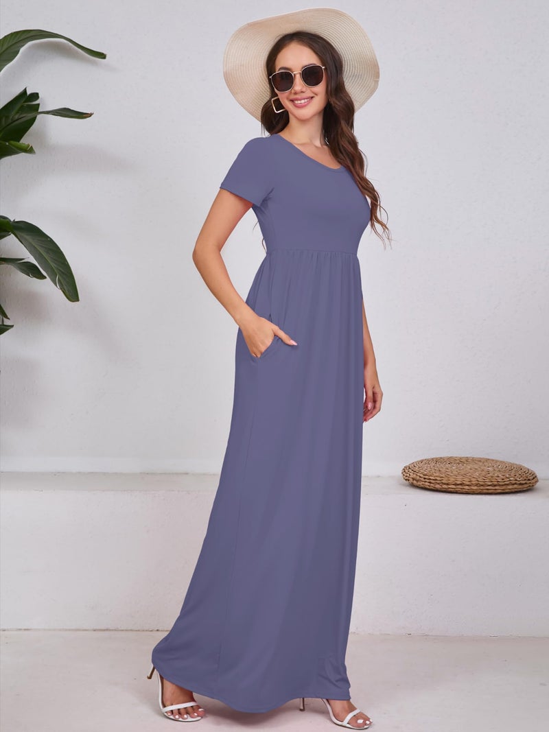 DEARCASE Maxi Dress for Women Purple Gray Large Crewneck Short Sleeves Wedding Guest A-line Casual Loose Party Vintage Spring Summer Beach Long Dresses with Pockets - Image 4