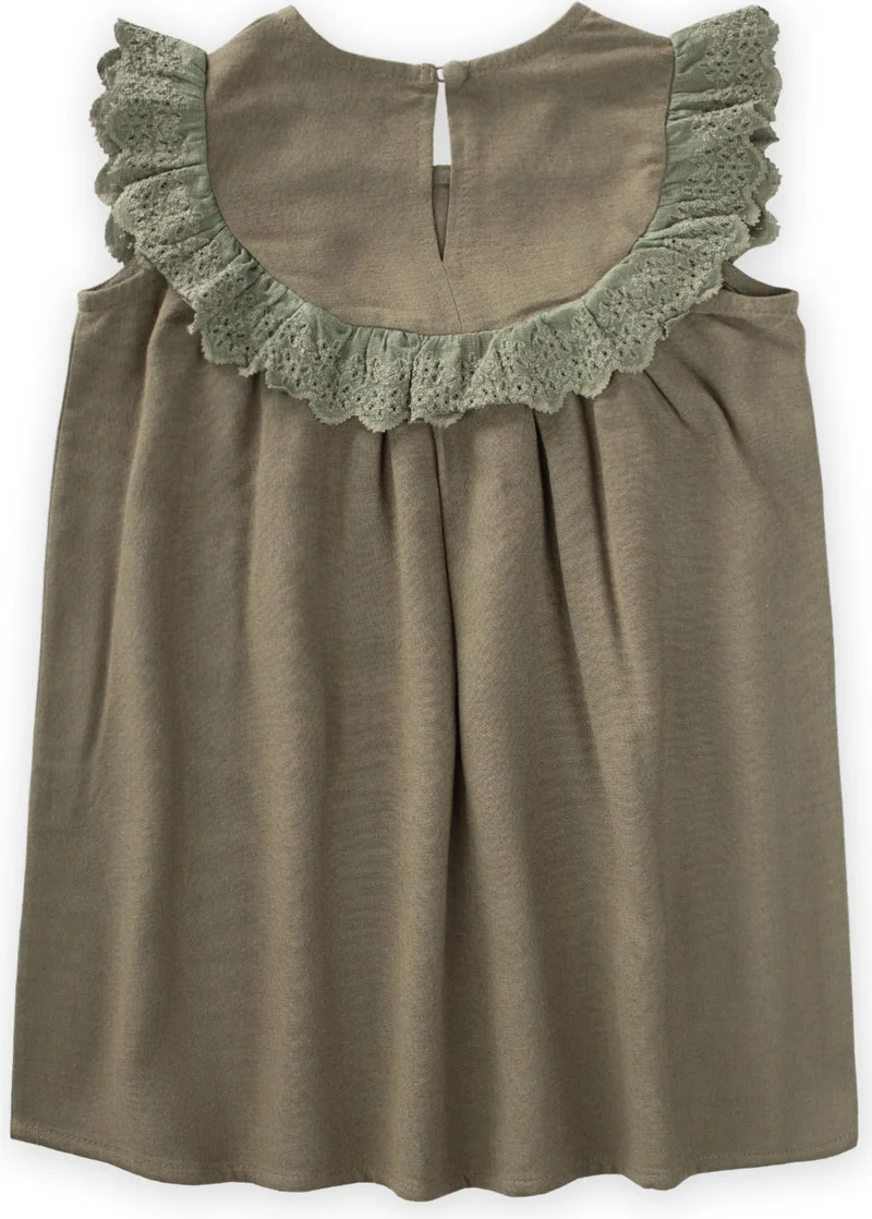 Cigit Robadan Laced Linen Blouse 2-7 Years Khaki Green