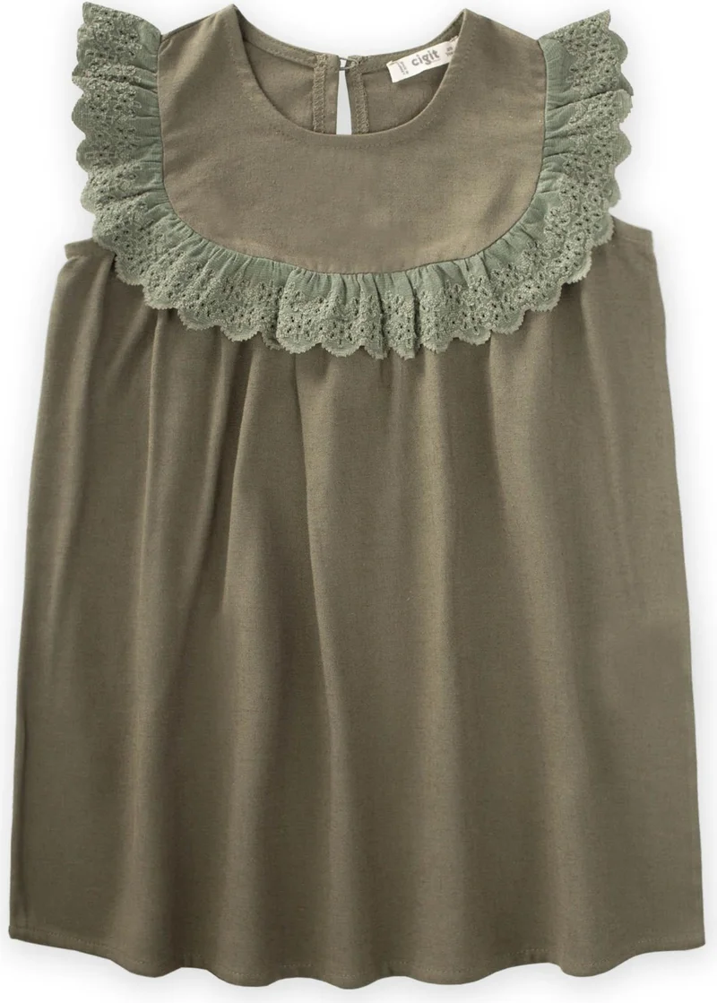 Cigit Robadan Laced Linen Blouse 2-7 Years Khaki Green