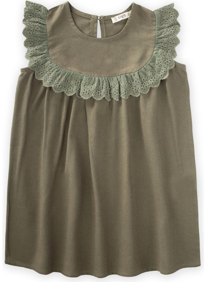 Cigit Robadan Laced Linen Blouse 2-7 Years Khaki Green  - Image 1