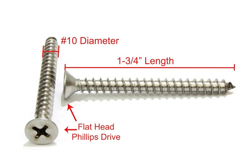 Bolt Dropper #10 X 1-3/4'' Stainless Steel Flat Head Phillips Wood Screw, (100 pc), 18-8 (304) Stainless Steel Sheet Metal Screws- Type A Point, Plain Finish, Threads That Bind - Image 2