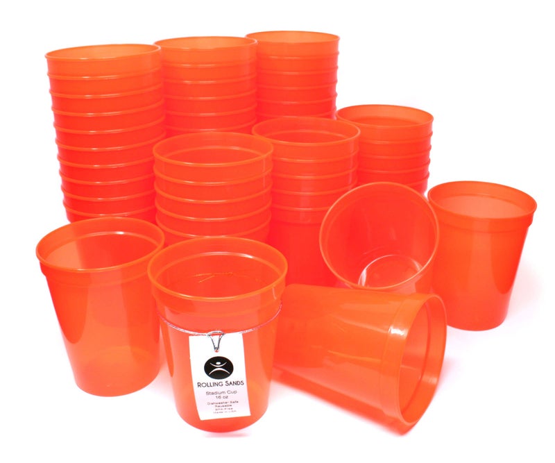 Rolling Sands 16 Oz Reusable Plastic Stadium Cups  Bulk 50 Pk  USA Made  BPA-Free Dishwasher Safe Plastic Tumblers  Translucent Orange - Image 1