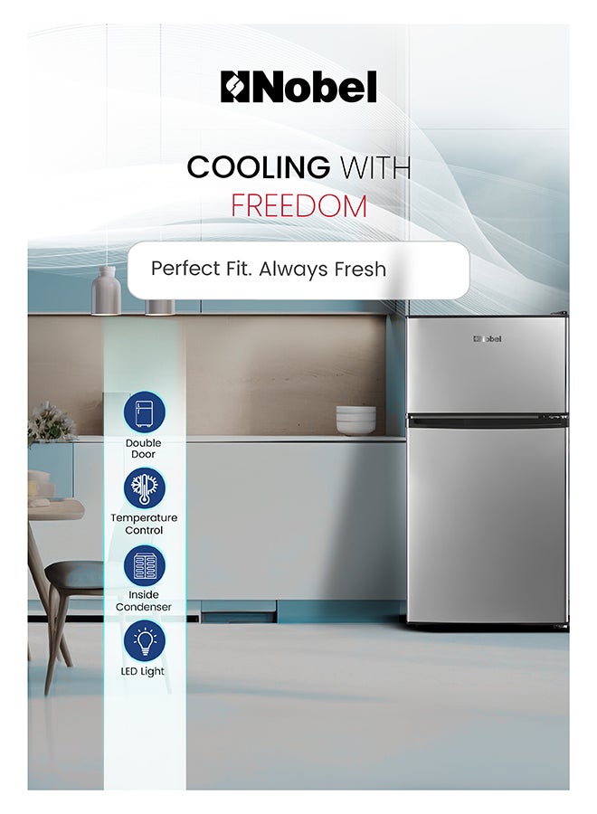Nobel 120 L Gross / 90 L Net, Double Door Refrigerator, Defrost, R600a Refrigerant, Mechanical Temp Control, LED Light, Inside Condenser, Vegetable Crisper, Recessed Handle – NR120E (1 Year Warranty) 400 W NR120E Grey - Image 5