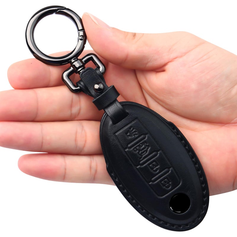 Tukellen Compatible with Nissan Key Fob Cover Handmade Genuine Leather Case for Altima Pathfinder Armada Murano Maxima Rogue Infinity Smart Remote 4 Buttons KeyBlack