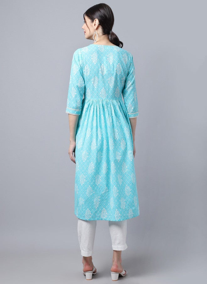 LARGISH Floral Printed Round Neck Cotton Anarkali Kurta in Blue & White - Image 4