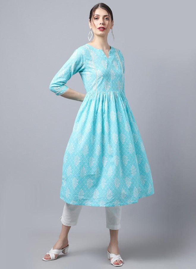 LARGISH Floral Printed Round Neck Cotton Anarkali Kurta in Blue & White - Image 1