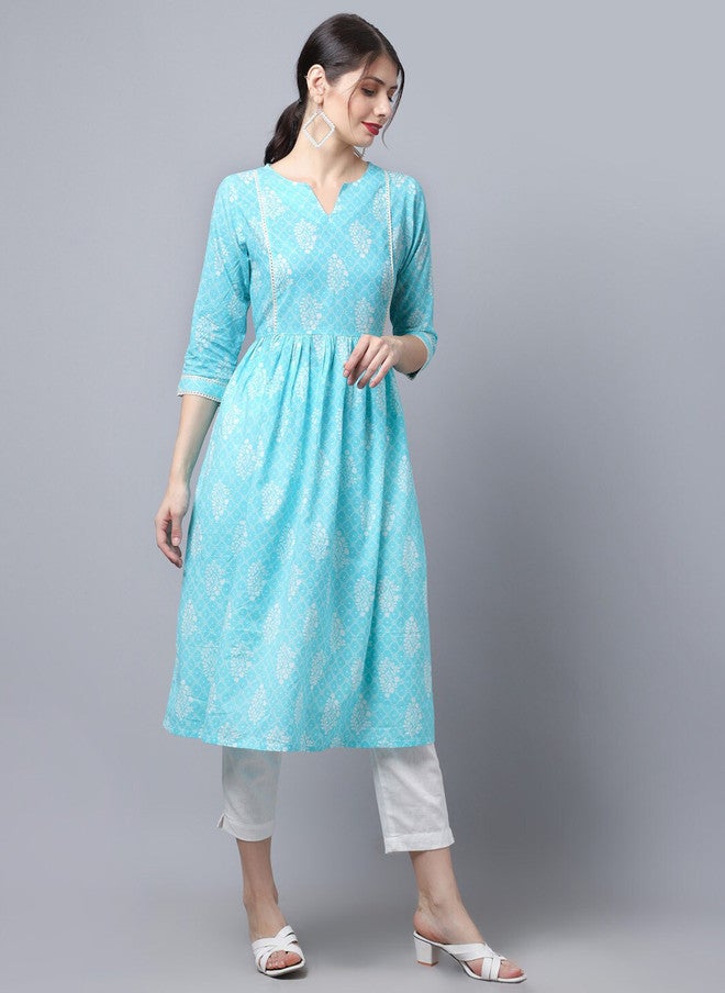 LARGISH Floral Printed Round Neck Cotton Anarkali Kurta in Blue & White - Image 3