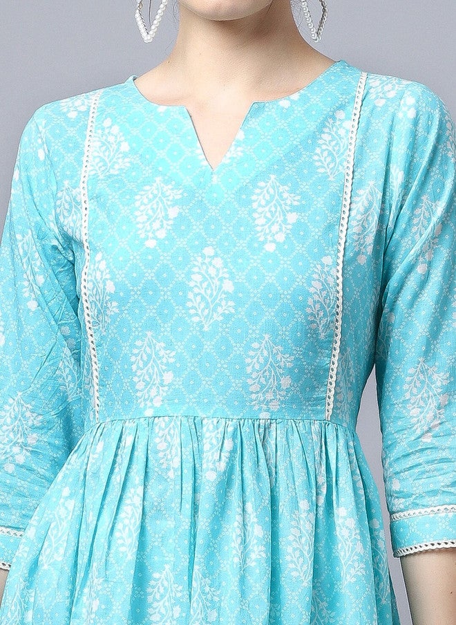 LARGISH Floral Printed Round Neck Cotton Anarkali Kurta in Blue & White - Image 2