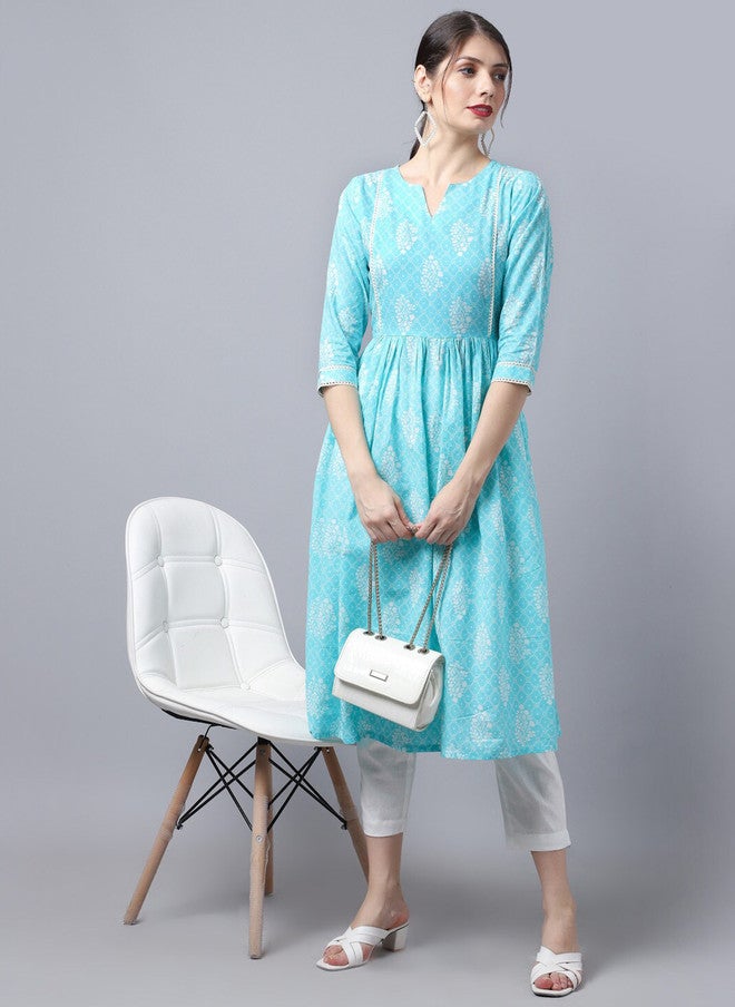 LARGISH Floral Printed Round Neck Cotton Anarkali Kurta in Blue & White - Image 5