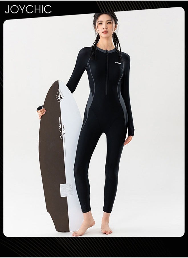 Joychic - Women One Piece Patchwork Zipper Swimwear Summer Long Sleeve Quick-drying Breathable Sun Protection Diving Suit Surf Wear for Outdoor Sports Beach Black - Image 1