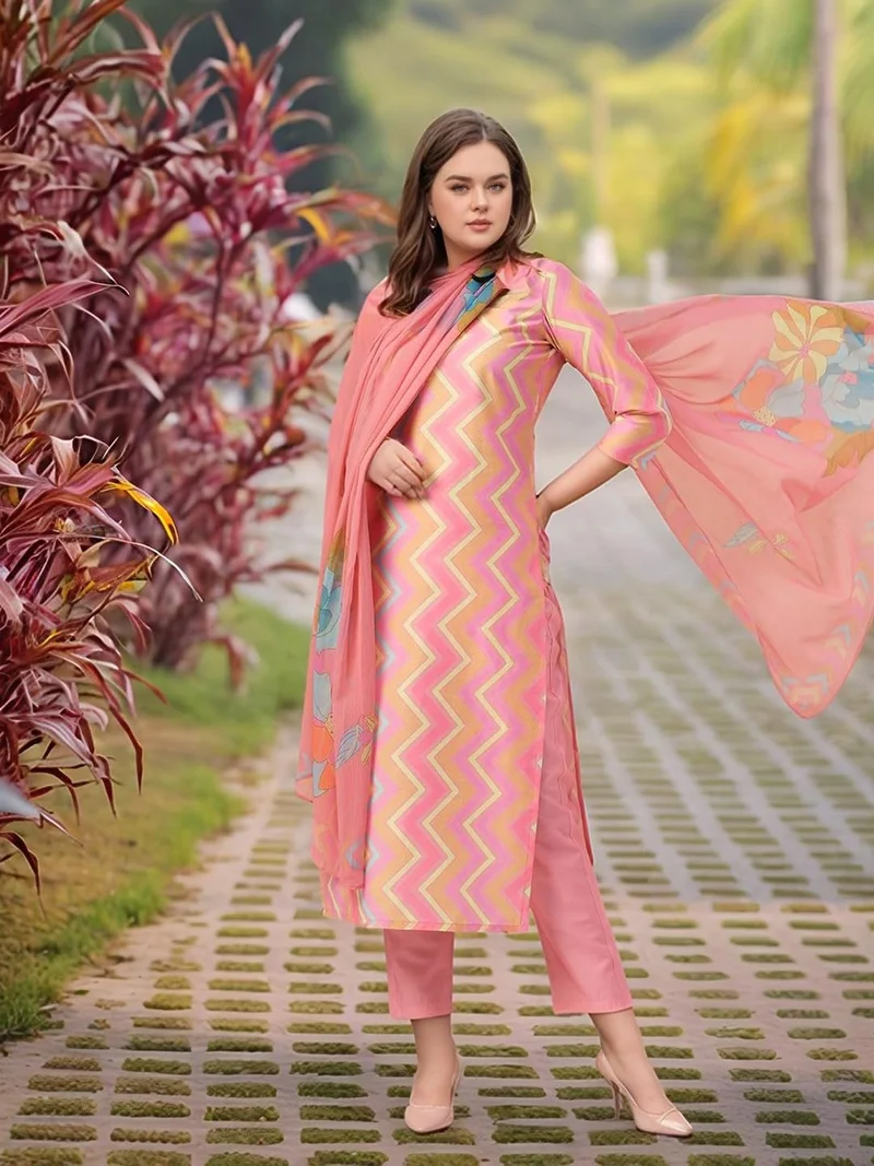GoSriKi  GoSriKi Women's Rayon Viscose Straight Printed Kurta with Pant & Dupatta (Zaggu Pink-VKS01-GS_L_Pink_Large) for Women | Best Price UAE