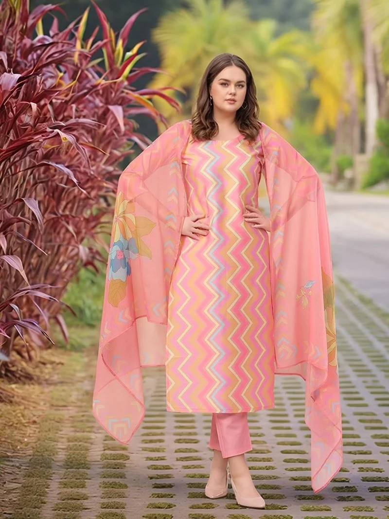 GoSriKi Women's Rayon Viscose Straight Printed Kurta with Pant & Dupatta (Zaggu Pink-VKS01-GS_L_Pink_Large)