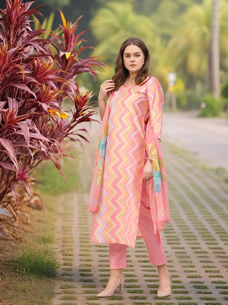GoSriKi  GoSriKi Women's Rayon Viscose Straight Printed Kurta with Pant & Dupatta (Zaggu Pink-VKS01-GS_L_Pink_Large) for Women | Best Price UAE