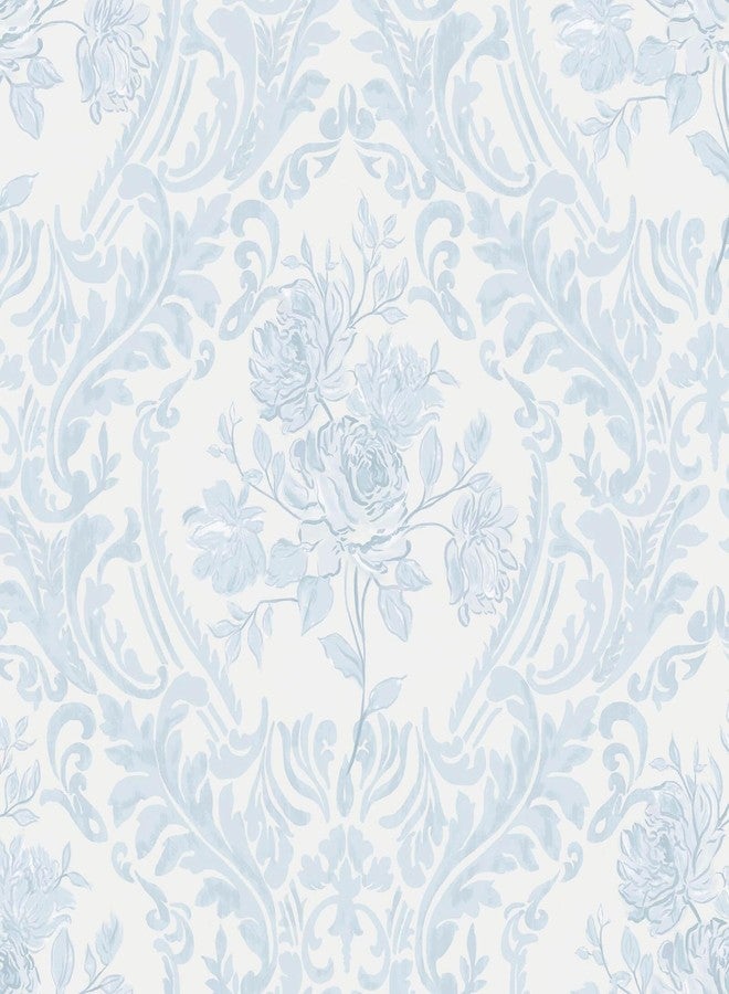 Ismoon Peel and Stick Wallpaper Vintage Floral Contact Paper Boho Watercolor Blue Damask Wallpaper Textured Removable Self Adhesive Vinyl Wall Paper for Bedroom, 17.3 in X 6.5 ft - Image 1