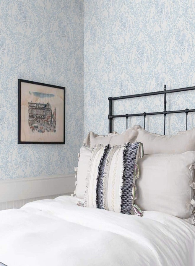 Ismoon Peel and Stick Wallpaper Vintage Floral Contact Paper Boho Watercolor Blue Damask Wallpaper Textured Removable Self Adhesive Vinyl Wall Paper for Bedroom, 17.3 in X 6.5 ft - Image 4