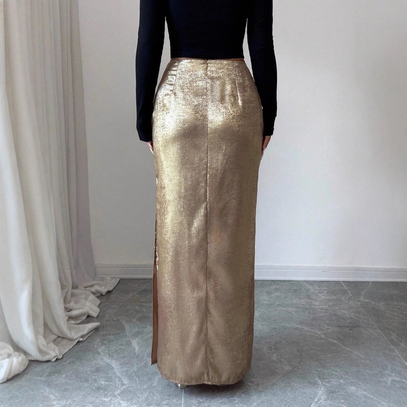 Elegant Metallic Pleated Bodycon Midi Skirt with Side Slit - Image 4