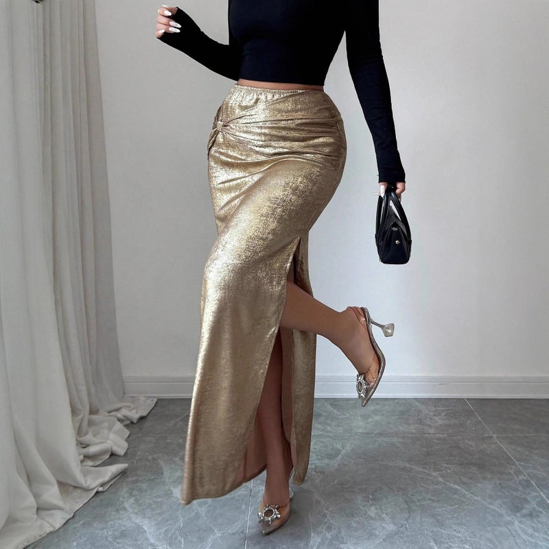 Elegant Metallic Pleated Bodycon Midi Skirt with Side Slit - Image 5
