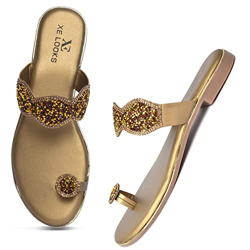 XE Looks Women's Copper Gold Embellished Slippers | Glittering Design with Comfort Sole | Comfort and Durability Combined Slipper For Girls & Women - Image 1