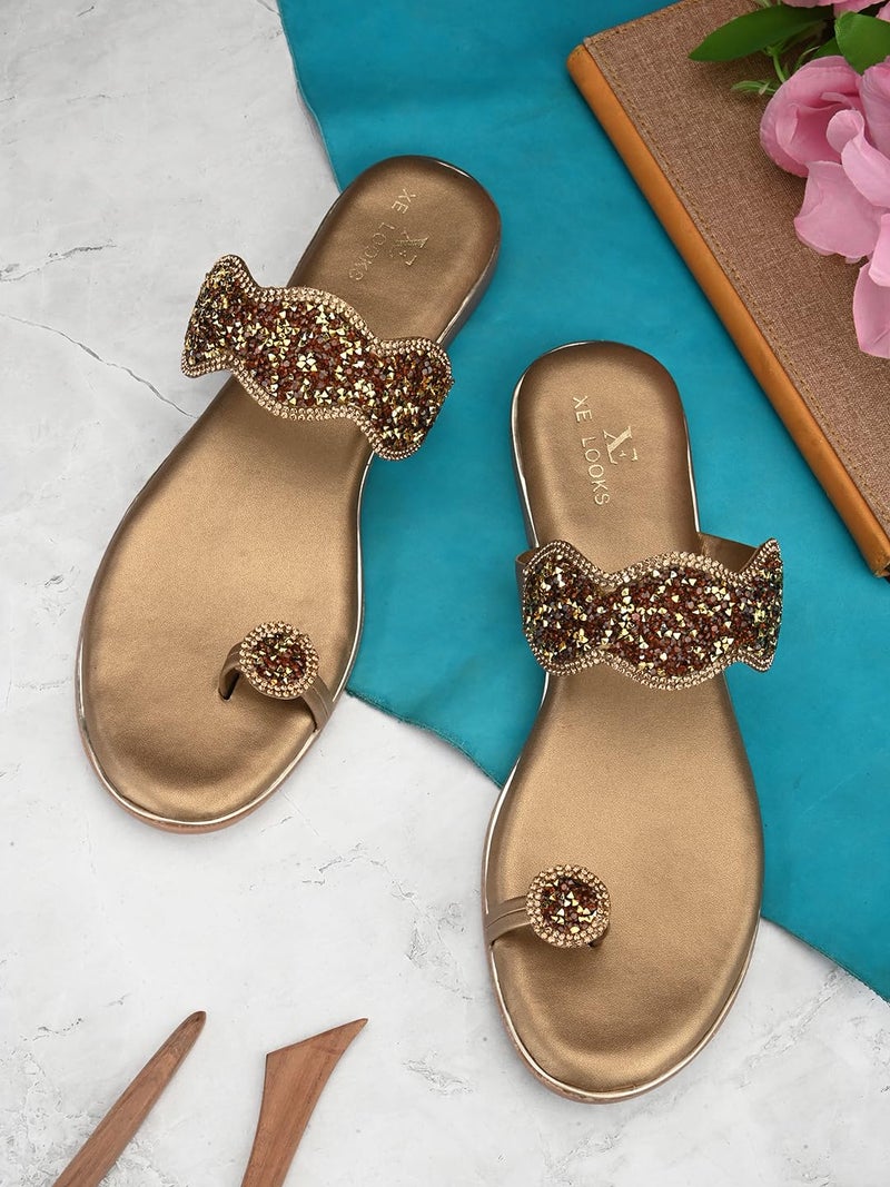 XE Looks Women's Copper Gold Embellished Slippers | Glittering Design with Comfort Sole | Comfort and Durability Combined Slipper For Girls & Women - Image 2