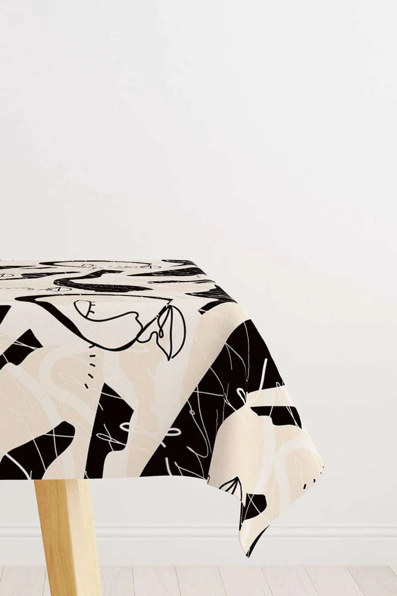 Cango Home Black Cream Colored Modern Silhouette Patterned Digital Printed Tablecloth CGH1100-MS