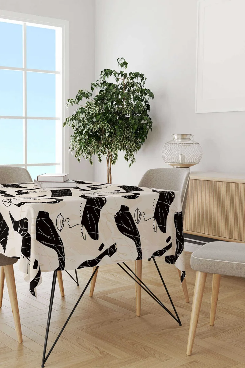 Cango Home Black Cream Colored Modern Silhouette Patterned Digital Printed Tablecloth CGH1100-MS