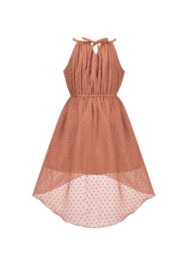 Sunny Fashion - Girls Dress Coffee Brown Swiss Dot Hi-lo Halter Chiffon Bridesmaid Size 10 - Image 1