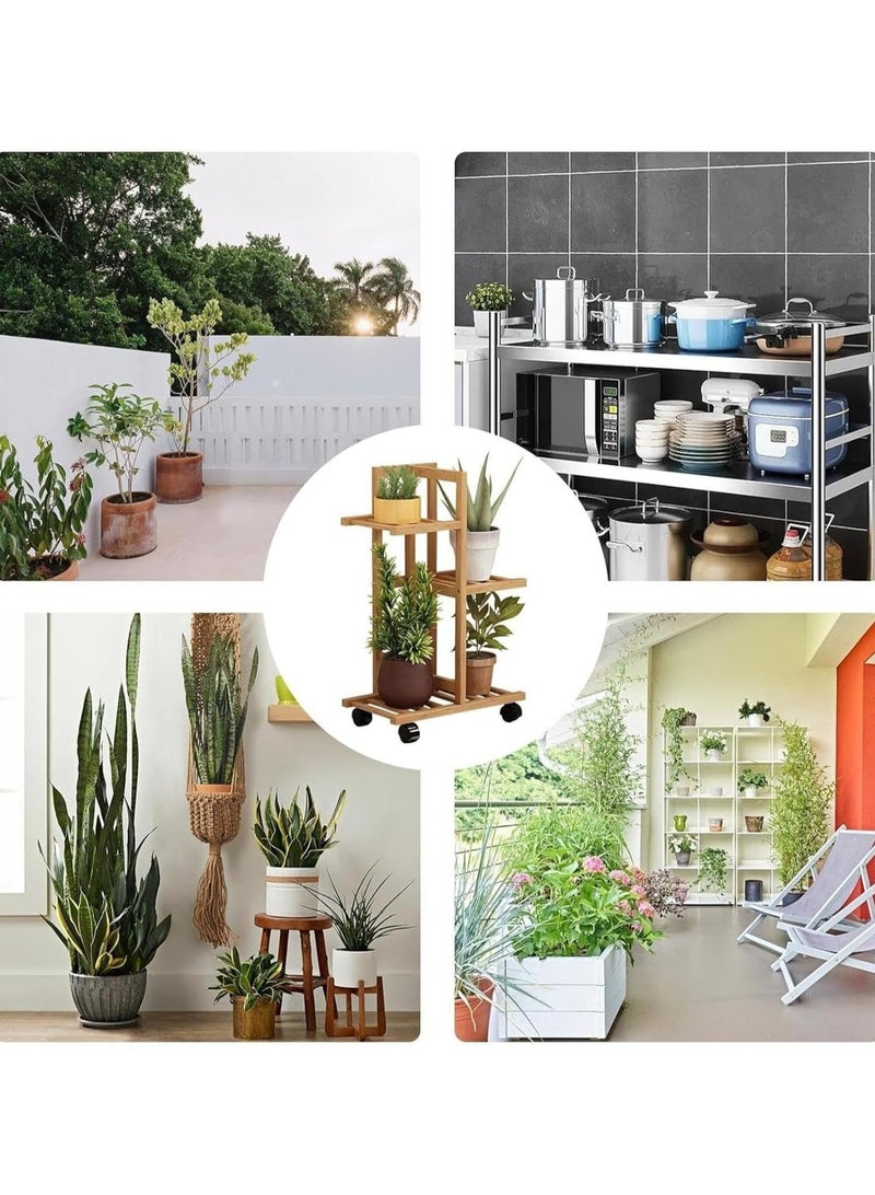 والالا حامل نباتات دوار من الخيزران للاستخدام الداخلي والخارجي، حامل متعدد لأواني الزهور مع عجلات، وحدة رفوف عرض للزراعة متعددة الطبقات للفناء والحديقة والزاوية والشرفة وغرفة المعيشة، 3 طبقات - Image 2