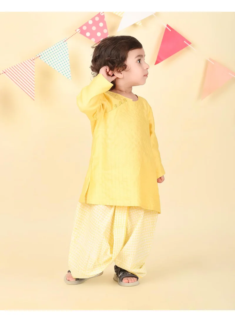 فاب انديا Yellow Viscose Blend Hand Block Printed 2Pc Dhoti Set