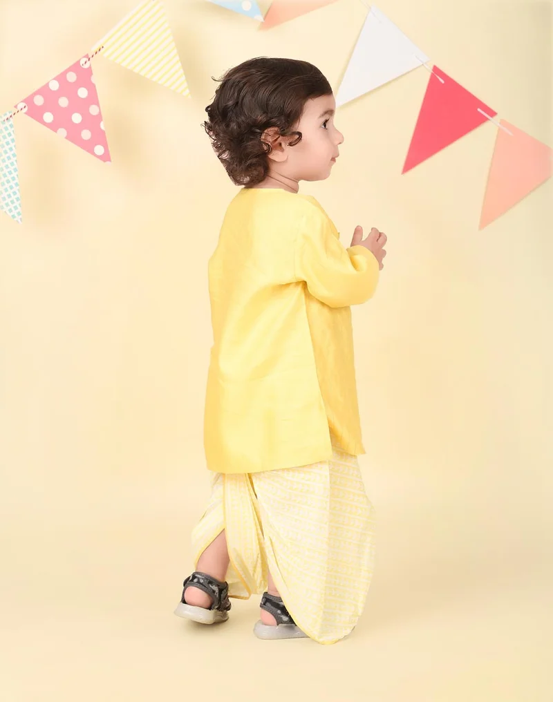 Fabindia Yellow Viscose Blend Hand Block Printed 2Pc Dhoti Set