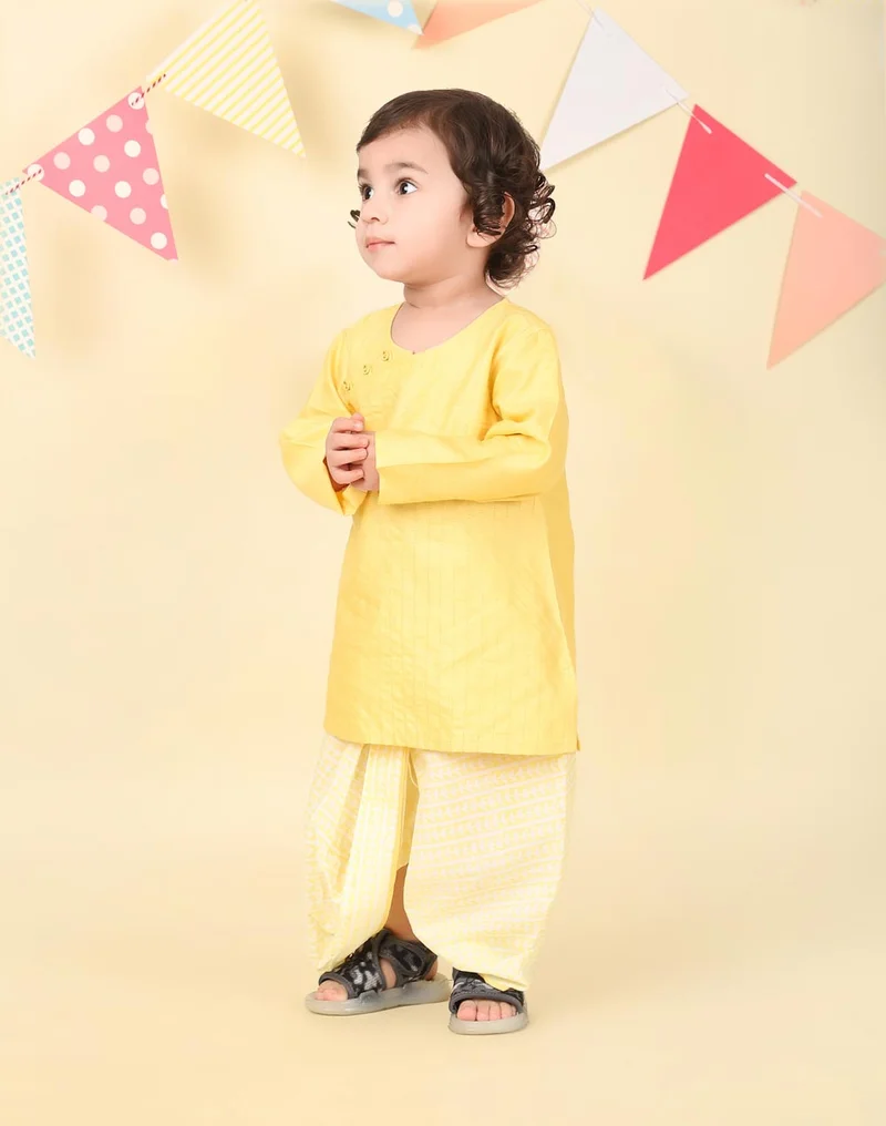 Fabindia Yellow Viscose Blend Hand Block Printed 2Pc Dhoti Set