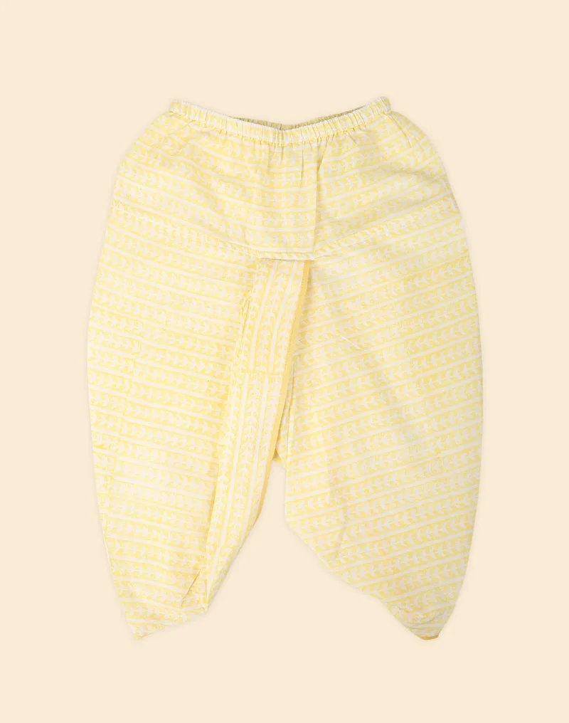 Fabindia Yellow Viscose Blend Hand Block Printed 2Pc Dhoti Set