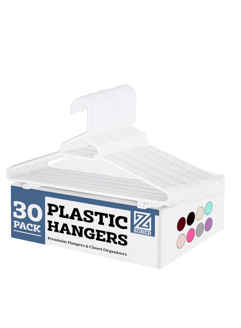 ZOBER Heavy Plastic Hangers with Strap Hooks, Non slip, Durable & Slim, Light-Weight Clothes Hangers For Coats, Jackets & Pants, Shirts, Dresses Hangs upto 10lbs (WHITE, 30 PACK) - Image 1