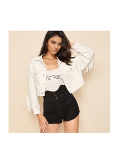 Loquat Squality Leisure Tassels Denim Short Jacket Women White  - Image 1