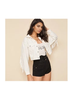 Loquat Squality Leisure Tassels Denim Short Jacket Women White  - Image 2