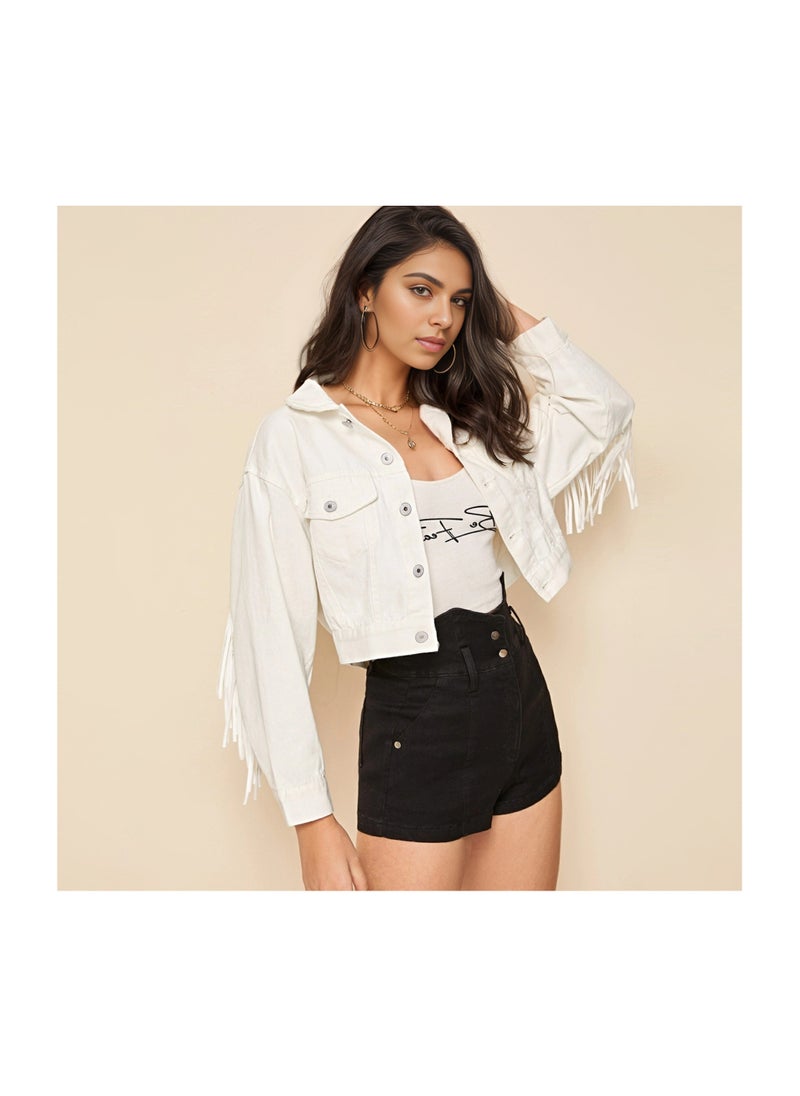 Loquat Squality Leisure Tassels Denim Short Jacket Women White  - Image 2