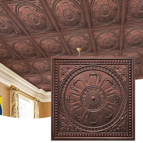 STICKGOO Drop Ceiling Tiles 24"x24", PVC Panels Plastic Ceiling Tiles Waterproof Reusable, Covers 48 Sq.Ft., Baroque Decorative Tiles for Home & Commercial Use (Pack of 12, Antique Copper) - Image 1