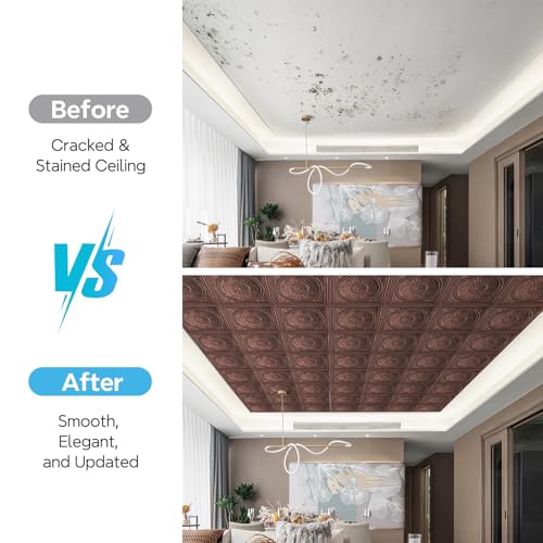 STICKGOO Drop Ceiling Tiles 24"x24", PVC Panels Plastic Ceiling Tiles Waterproof Reusable, Covers 48 Sq.Ft., Baroque Decorative Tiles for Home & Commercial Use (Pack of 12, Antique Copper) - Image 4