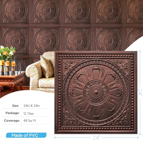 STICKGOO Drop Ceiling Tiles 24"x24", PVC Panels Plastic Ceiling Tiles Waterproof Reusable, Covers 48 Sq.Ft., Baroque Decorative Tiles for Home & Commercial Use (Pack of 12, Antique Copper) - Image 3